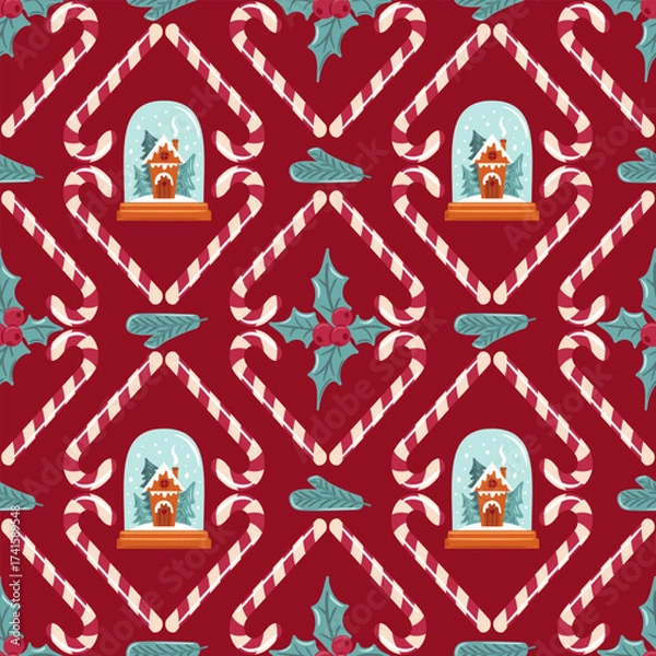 Fototapeta Seamless Damask pattern featuring a snow globe with a cozy house, holly leaves, and candy canes. This elegant and festive design adds a touch of holiday charm, perfect for seasonal decorations