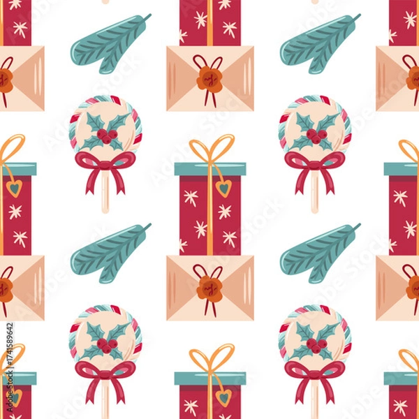 Fototapeta A vibrant, colorful Christmas lollipop adorned with holly and a cheerful bow tie, bursting with festive charm and glossy highlights. An Artistic Illustration of a Festive Gift. Seamless pattern.