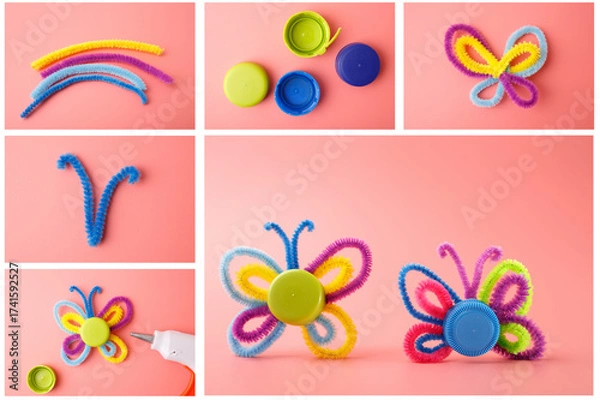 Fototapeta Step by step tutorial of making butterflies from colorful pipe cleaners and plastic bottle caps on pink background. Craft process with glue gun. DIY and recycling concept for design