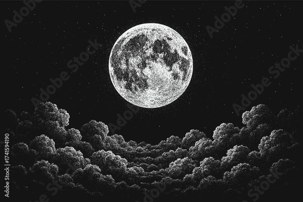 Obraz Black and white dotwork illustration of the full moon surrounded by clouds, detailed stippling style night sky artwork with atmospheric celestial mood