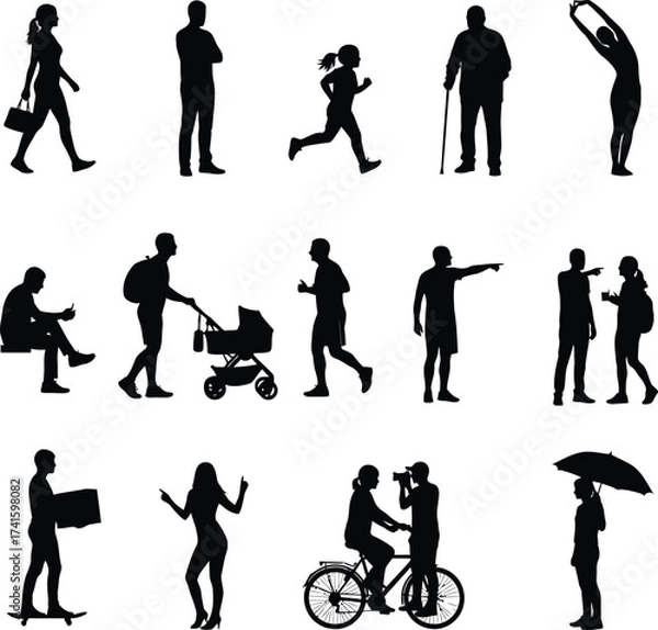Fototapeta Collection of diverse human silhouettes in various poses and activities