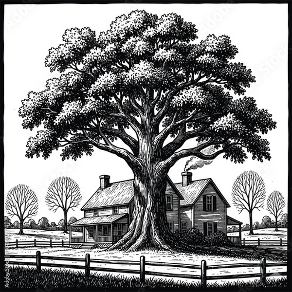 Fototapeta Rustic farmhouse and large oak tree in a rural landscape