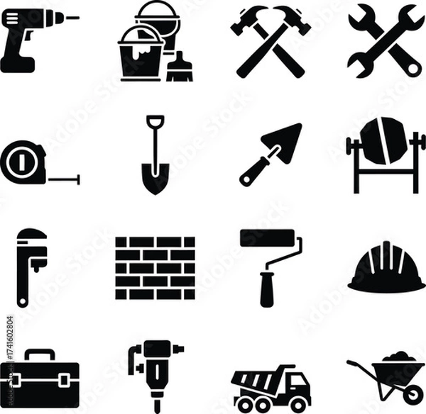 Fototapeta Collection of construction and diy tools and equipment icons in black and white