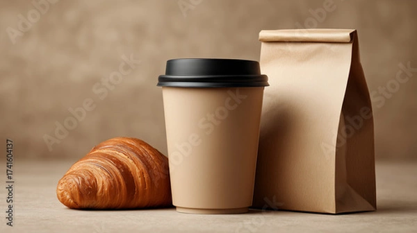 Fototapeta Takeaway coffee cup and pastry bag with blank logo area arranged on a matte beige surface. Natural daylight creates an eco-friendly café vibe, ideal for branding and product presentation. 16:9 aspect 