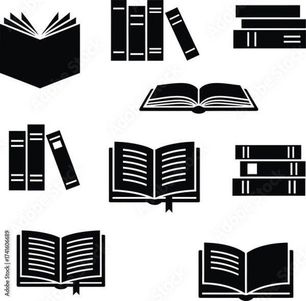 Fototapeta Collection of black silhouette icons of open and closed books
