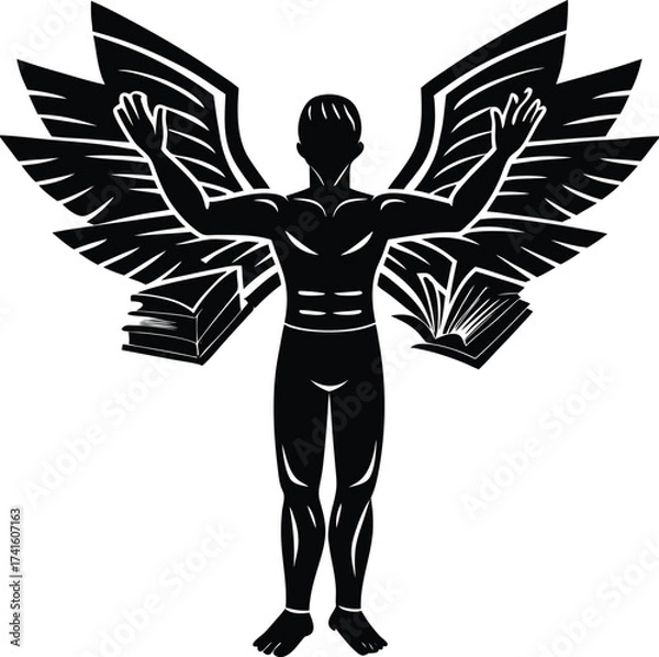 Obraz Inspired Intellectual with wings: An illustration showing a man standing with open arms. The background showcases the shape of wings and books representing knowledge.