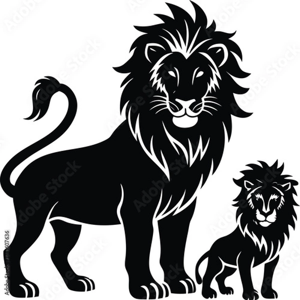 Obraz Lion's Pride: A strong black lion and lion cub illustration. Illustrating a powerful family unit and symbol of strength, depicted with a stark aesthetic 