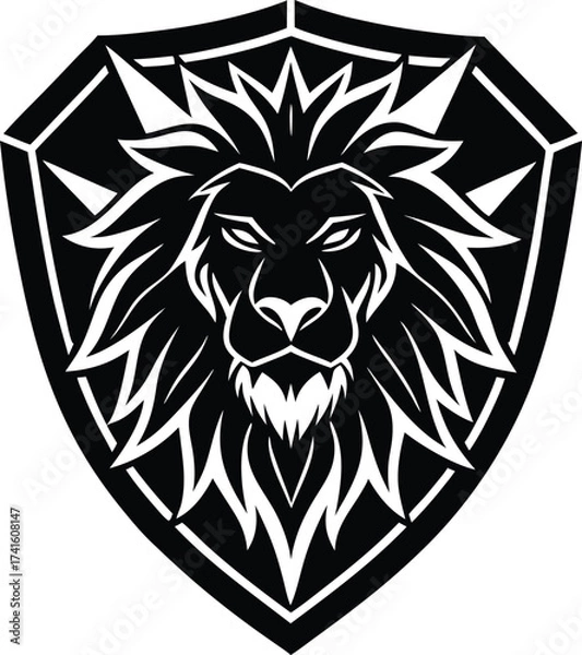 Obraz Lion Crest: The fierce and majestic lion, a symbol of courage and strength, is beautifully rendered in a bold and minimalist design, framed within a sturdy shield.