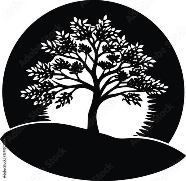 Obraz Elegant Silhouette of Nature: A stylized image, a black and white silhouette of a tree with intricate foliage against a circular background that represents the sun or the moon.