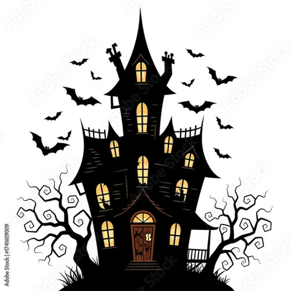 Fototapeta Spooky Haunted House Silhouette with Bats and Bare Trees.