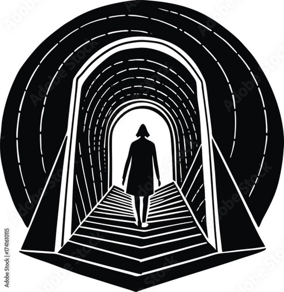 Obraz Into the Unknown: A solitary figure walks into the illuminated depths of a tunnel, embodying the journey through the darkness towards the promise of light. This illustration uses lines, forms.