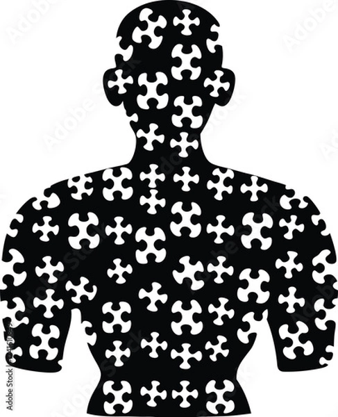 Obraz Puzzle Piece Human Silhouette: A conceptual representation of the human form is filled with intricate puzzle pieces, symbolizing the complexity of the individual.