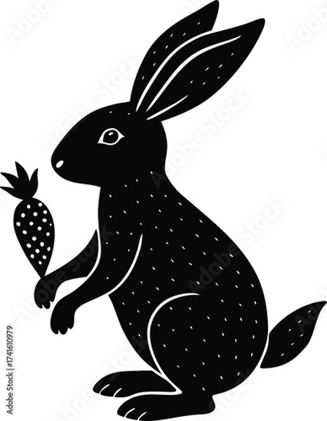 Obraz A Whimsical Silhouette: An endearing black bunny holds a delightful carrot in a charming, artistic illustration. This piece captures the essence of simplicity and nature's grace.