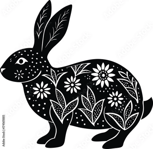 Obraz Elegant Bunny Artwork: A striking, monochromatic illustration of a decorative bunny, adorned with floral and leaf patterns, creating a harmonious blend of nature and artistry.