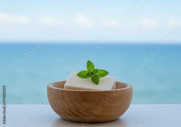 Fototapeta White organic or handmade soap with mint leaves in a wooden bowl against a serene ocean and sky backdrop in a bright setting