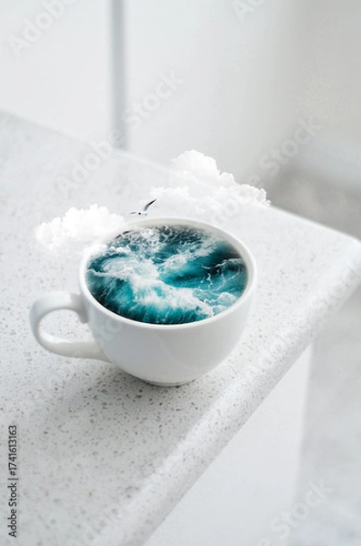 Fototapeta Surreal photo manipulation of a white coffee cup filled with ocean waves, clouds, and a flying seagull. Conceptual fantasy artwork.