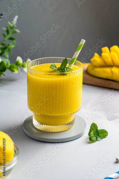 Fototapeta Mango banana smoothie in a glass with fresh fruit and mint, copy space