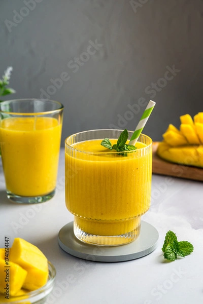 Fototapeta Mango banana smoothie in a glass with fresh fruit and mint, copy space