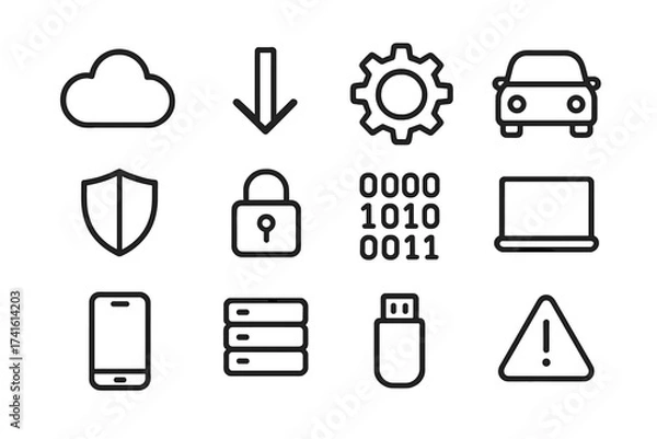 Fototapeta Automotive Software Update Icons. Outline icon set of automotive software updates: cloud, download arrow, gear