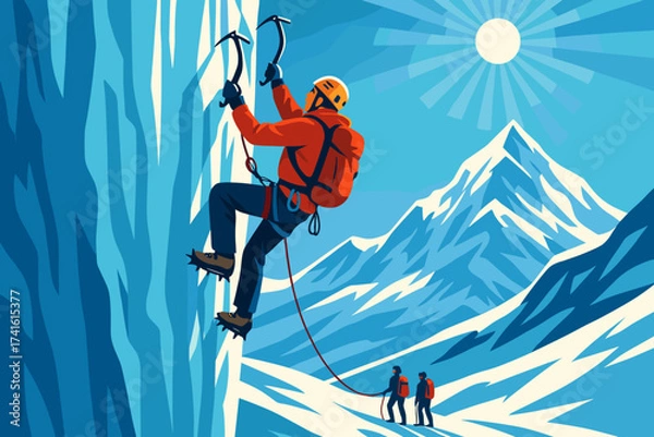Fototapeta Mountain climber scaling ice wall with team in background on sunny day in snowy landscape