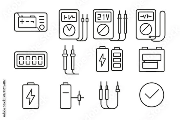 Obraz Battery Testing Icons. Outline icon set of battery testing: battery tester, multimeter, voltage reading,