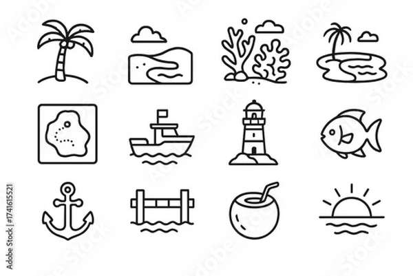 Obraz Tropical Diving Icons. Outline icon set of tropical diving locations: palm tree, sandy beach, coral reef,