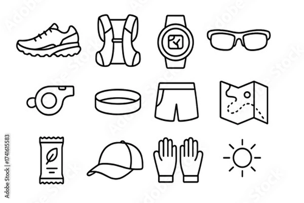 Fototapeta Trail Running Essentials. Outline icon set of trail running: running shoes, hydration pack, GPS watch,