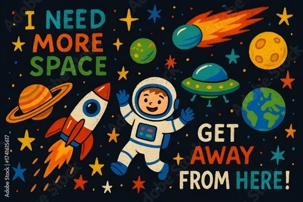Fototapeta Smiling astronaut with retro rocket and colorful planets in playful space scene for kids