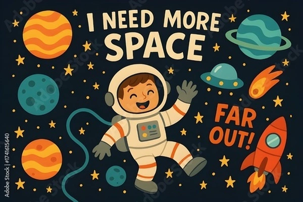 Fototapeta Cheerful astronaut floating in space with colorful planets, retro rocket, UFO, and fun phrases