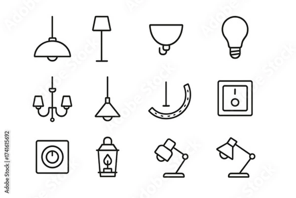 Obraz Lighting Icon Set. Outline icon set of lighting upgrades: ceiling lamp, floor lamp, wall sconce, light bulb,