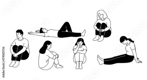 Fototapeta Minimalist black and white drawing of five seated figures in varied contemplative poses