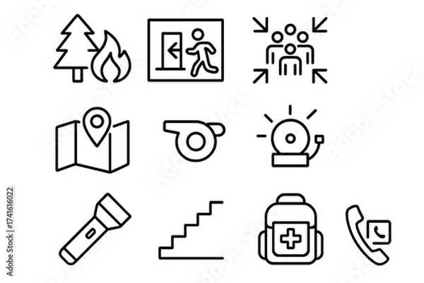 Fototapeta Wildfire Evacuation Icons. Outline icon set of wildfire evacuation plan: tree, fire icon, exit sign, assembly