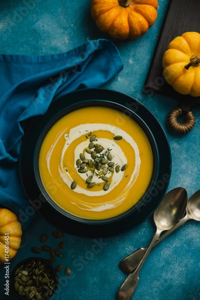 Fototapeta Pumpkin soup in a blue bowl, blue background. Autumn food, top view
