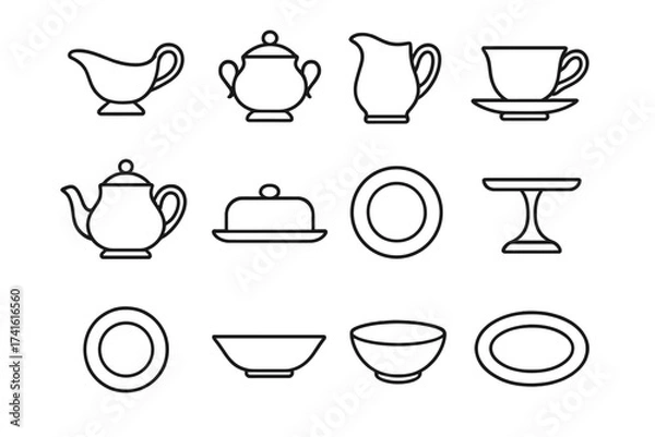 Fototapeta Porcelain Serving Icon Set. Outline icon set of porcelain serving sets: gravy boat, sugar bowl, creamer,