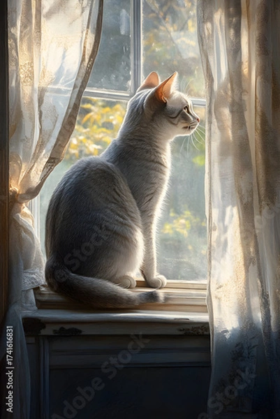 Fototapeta Elegance and Serenity: A Ct's Contemplative Morning y the Window