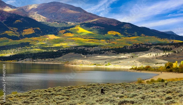 Fototapeta Autumn landscape with lake and mountains -- Mount Elbert from Twin lakes, Colorado