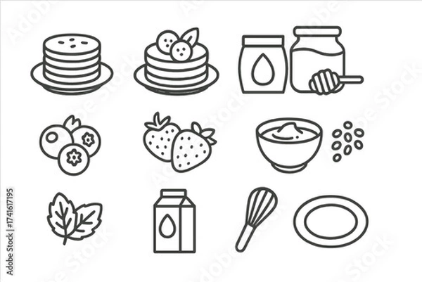 Obraz Healthy Pancake Icons. Outline icon set of healthy pancake variations: oat pancake, banana pancake, almond