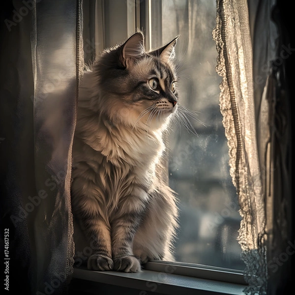 Fototapeta Elegance and Serenity: A Ct's Contemplative Morning y the Window