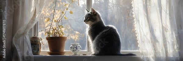 Fototapeta Elegance and Serenity: A Ct's Contemplative Morning y the Window