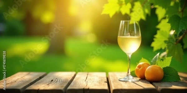 Fototapeta A glass of refreshing white wine sits on a rustic wooden table outdoors, bathed in warm sunlight, accompanied by ripe apricots and lush green foliage.