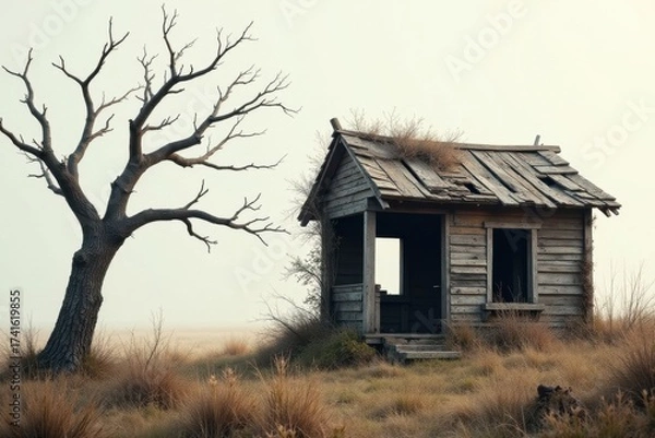 Fototapeta A weathered, derelict wooden shack stands forlornly amidst tall dry grass, a stark, leafless tree its only companion in the misty landscape.