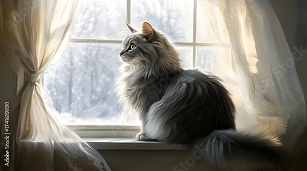 Fototapeta Elegance and Serenity: A Ct's Contemplative Morning y the Window