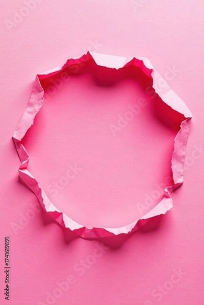 Fototapeta A Circular Frame Created by a Ripped Piece of Pink Paper on a Pink Background