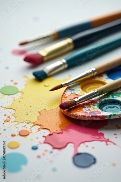 Fototapeta Colorful Paintbrush and Palette with Vibrant Splashes of Color on a White Surface