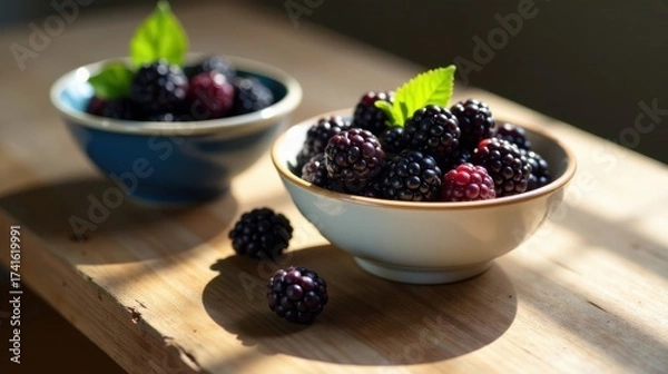 Fototapeta Sunlit Still Life Featuring Bowls of Ripe Blackberries on a Rustic Wooden Surface