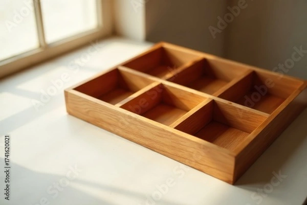 Fototapeta Empty wooden organizer box with six compartments sits on a white surface near a window, bathed in sunlight