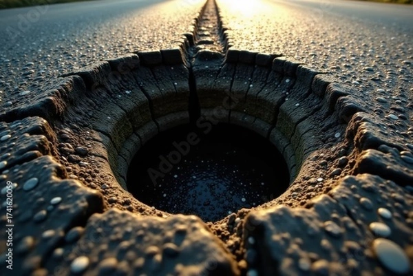 Fototapeta A Deep Pit in the Asphalt Road Surface at Sunset
