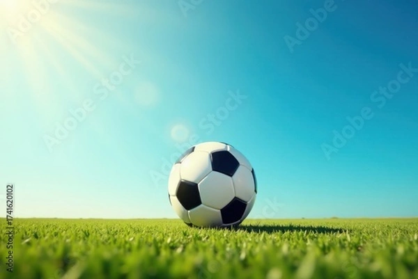 Fototapeta A vibrant soccer ball rests on a lush green field under a brilliant sunny sky, symbolizing the joy and energy of the beautiful game.