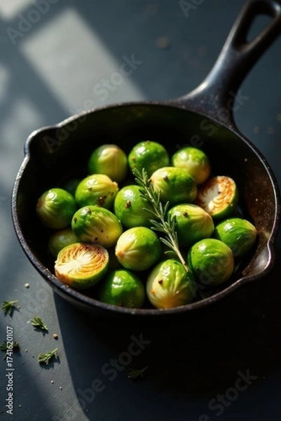 Fototapeta Roasted miniature cabbages with herbs in a dark skillet, illuminated by sunlight