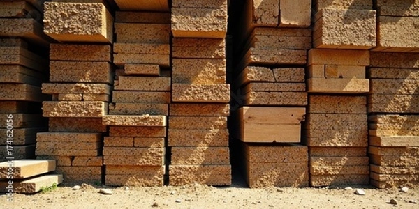 Fototapeta Neatly Stacked Rectangular Blocks of Light Brown Material in a Construction Yard